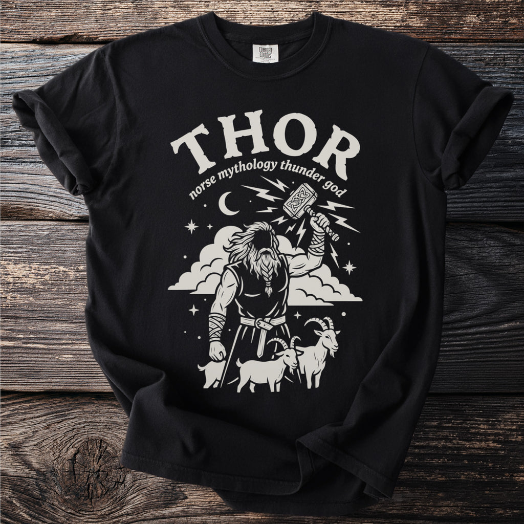 Black t-shirt with "Thor norse mythology thunder god" and illustration of Thor and goats.