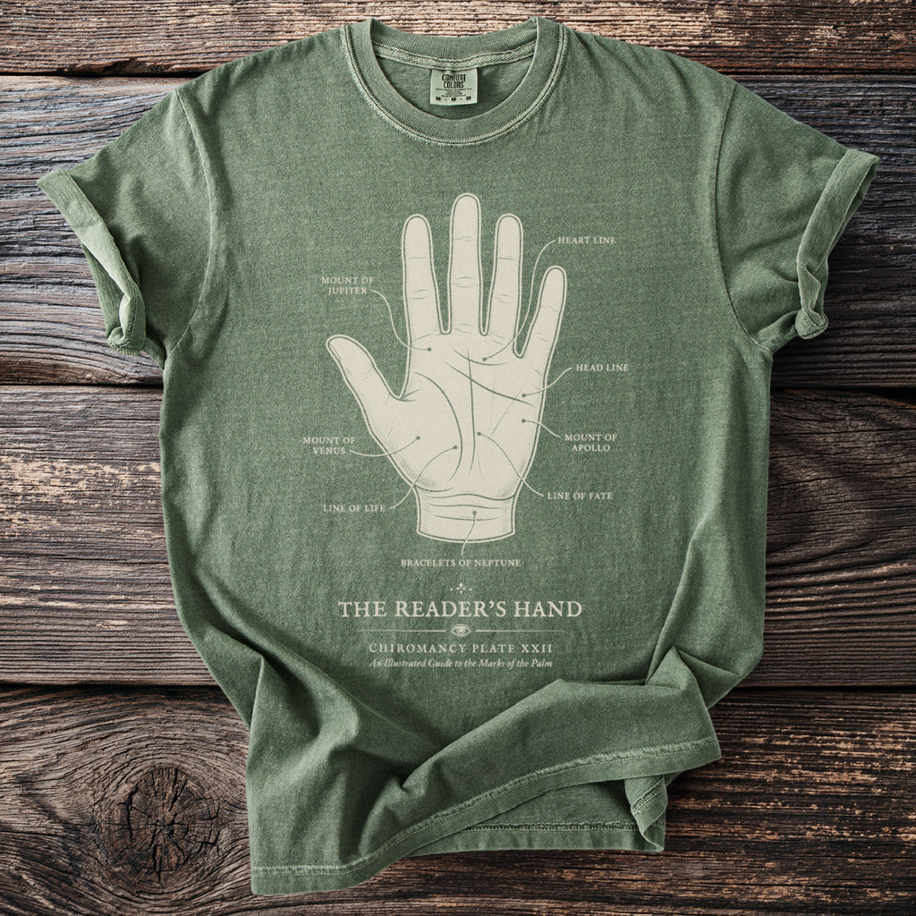 Green t-shirt with a diagram of "The Reader's Hand" and palmistry labels.