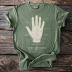 Green t-shirt with a diagram of "The Reader's Hand" and palmistry labels.