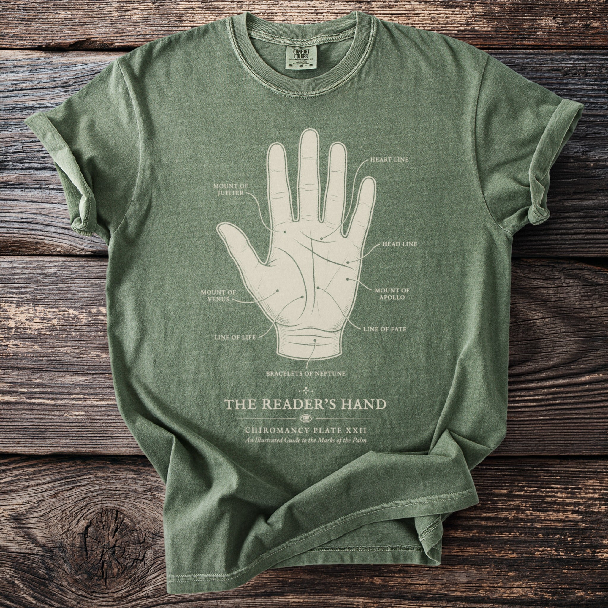 Green t-shirt with a diagram of "The Reader's Hand" and palmistry labels.