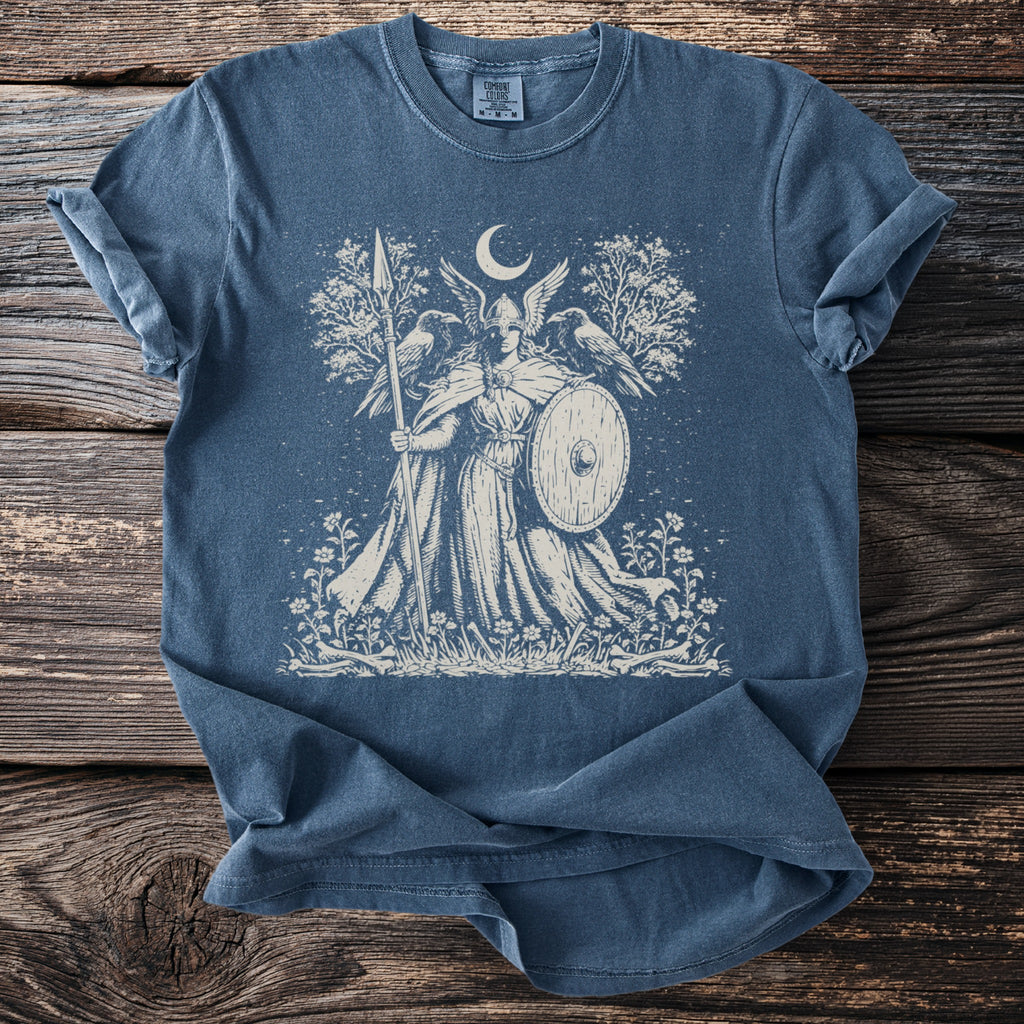 Blue t-shirt with vintage print of winged woman with shield and spear.