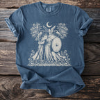 Blue t-shirt with vintage print of winged woman with shield and spear.