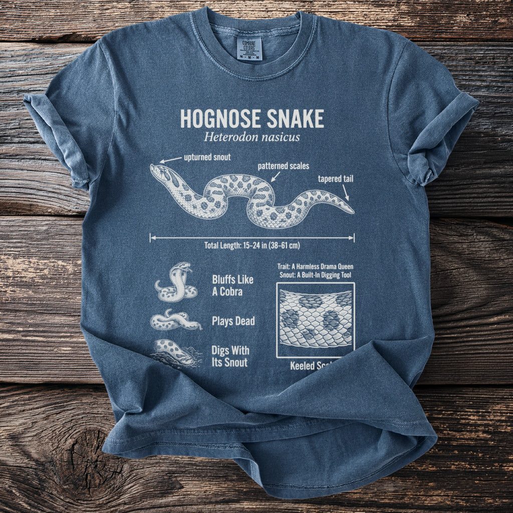 Hognose snake anatomical illustration with text details on a blue t-shirt.