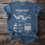 Hognose snake anatomical illustration with text details on a blue t-shirt.