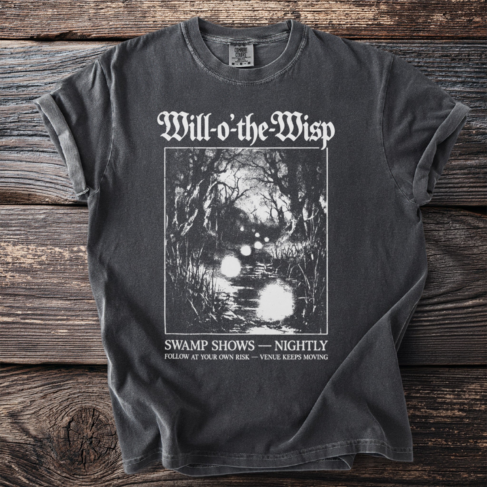 Will-o-the-Wisp swamp art t-shirt with swamp and lights graphic.
