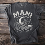 Dark t-shirt with "MANI norse mythology moon god" graphic and imagery.