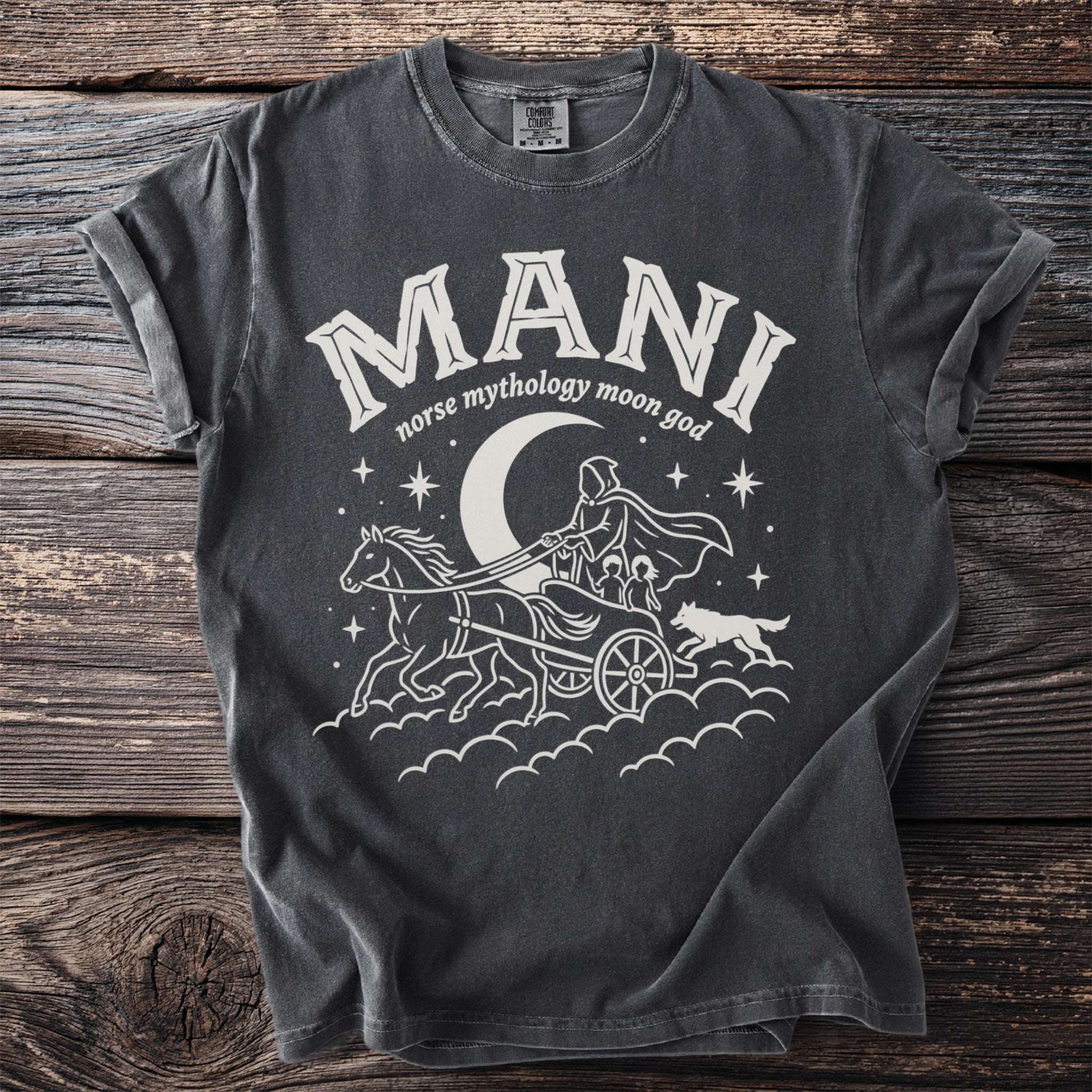Dark t-shirt with "MANI norse mythology moon god" graphic and imagery.