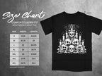 Comfort Colors 1717 heavyweight adult tee size chart with skull and candle graphic.