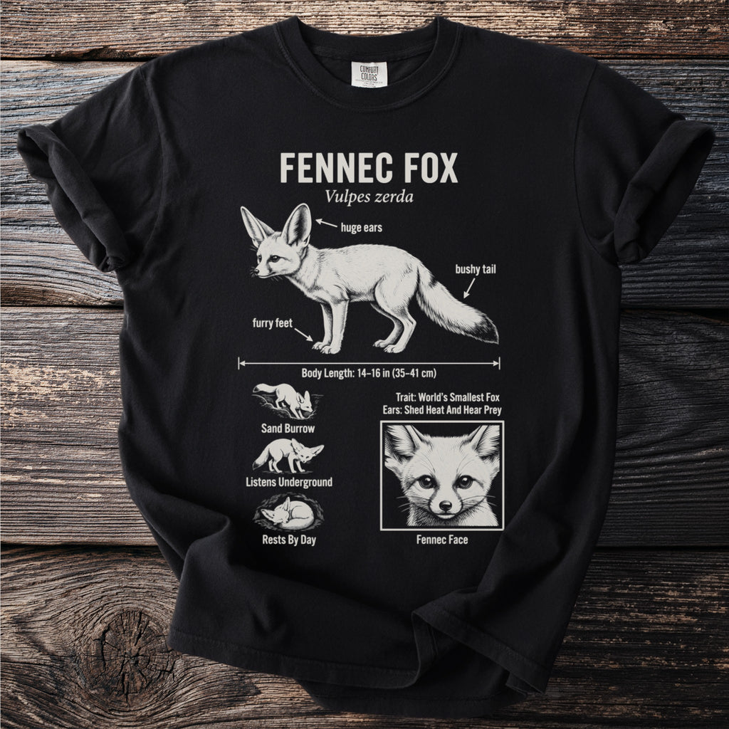 Black t-shirt with Fennec Fox illustration and facts like body length, ears, and behavior.