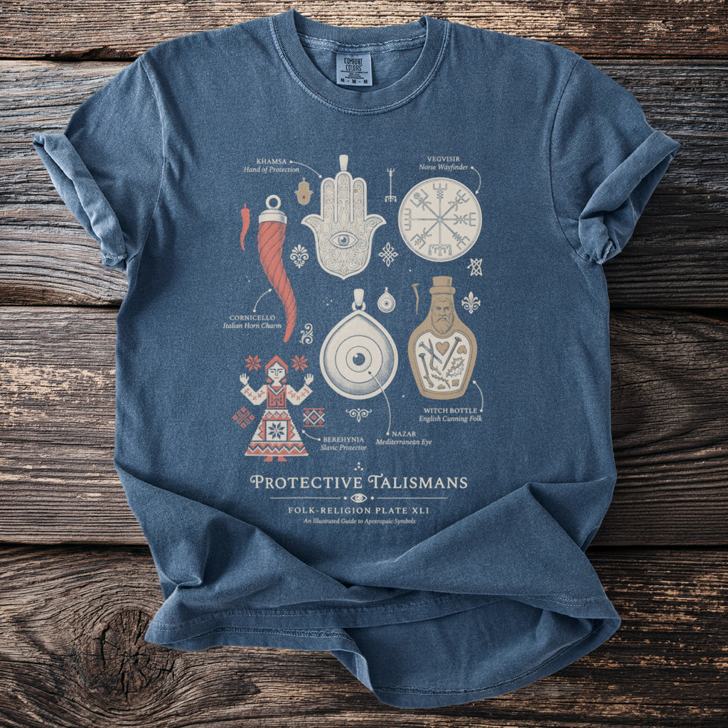 Blue t-shirt with "Protective Talismans" and various illustrated protection symbols.