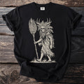 Black t-shirt with a light beige graphic of a skull wearing antlers and holding a plant.