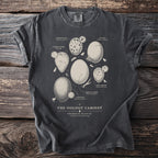 Dark t-shirt featuring an illustration of various bird eggs with accompanying scientific names.