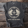 Charcoal t-shirt with lynx, owl, moon phases, and "WALK THE OLD WAYS" text.