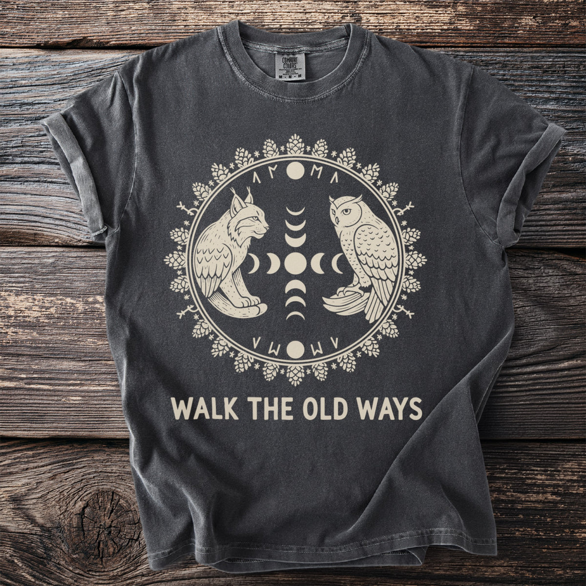 Charcoal t-shirt with lynx, owl, moon phases, and "WALK THE OLD WAYS" text.