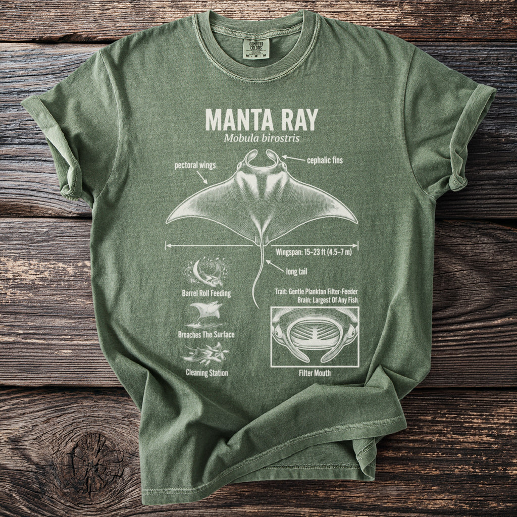 Green t-shirt with a diagram of a manta ray and its anatomy labeled.