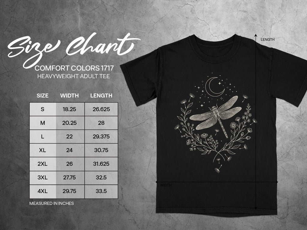 Comfort Colors 1717 heavyweight adult tee size chart with width and length measurements.