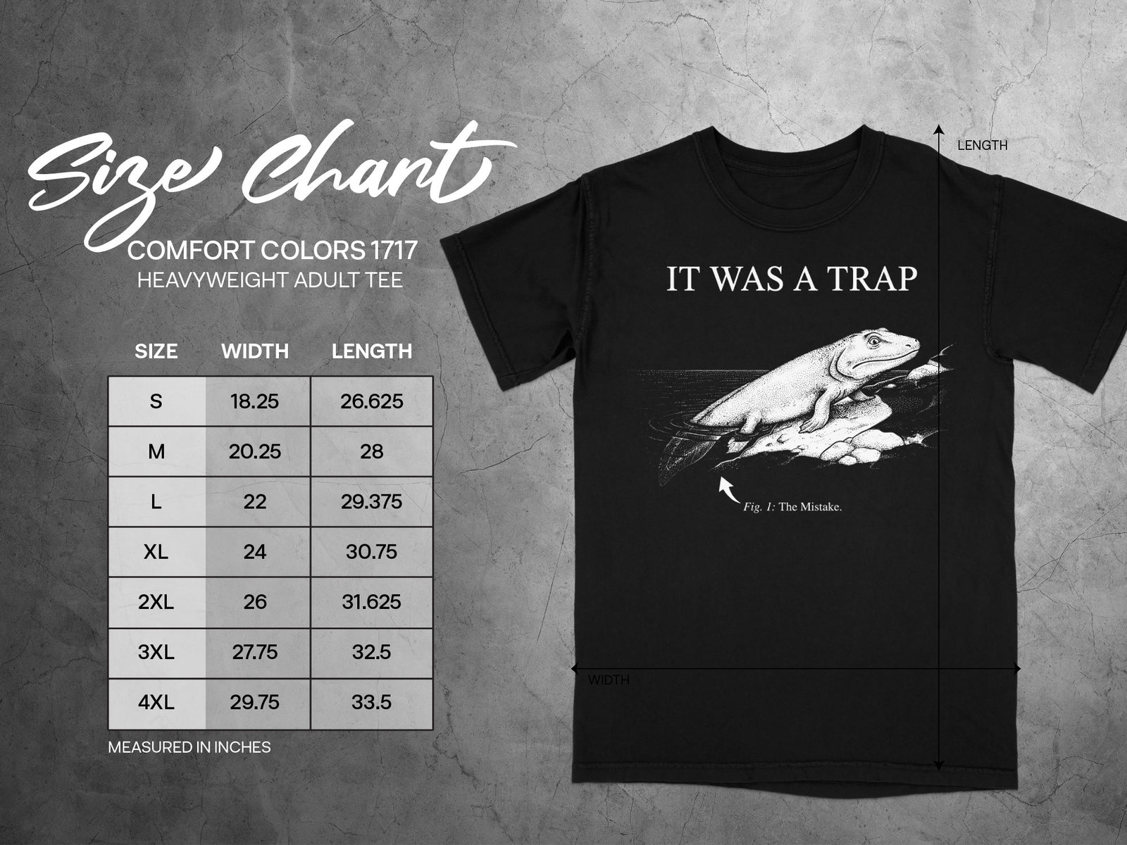 Comfort Colors 1717 heavyweight adult tee size chart with graphic "It Was a Trap".