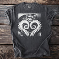 Dark grey t-shirt with black and white octopus tentacles forming a heart shape.