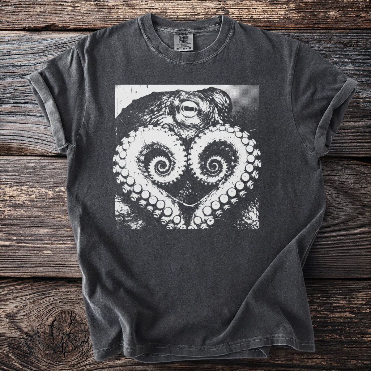Dark grey t-shirt with black and white octopus tentacles forming a heart shape.