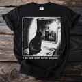 Black cat sitting in front of a cracked mirror, text "i do not wish to be perceiv".