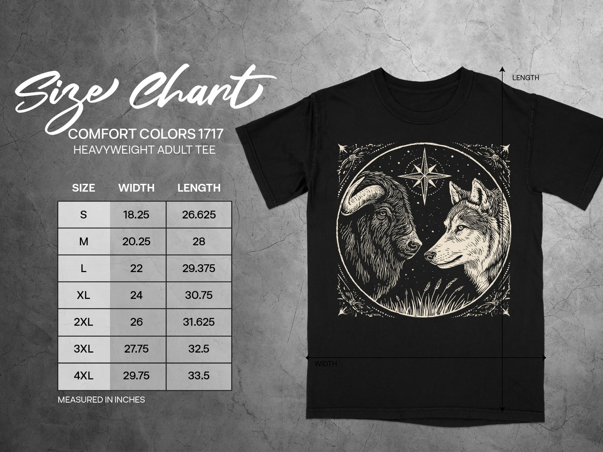 Comfort Colors 1717 heavyweight adult tee size chart with width and length measurements.