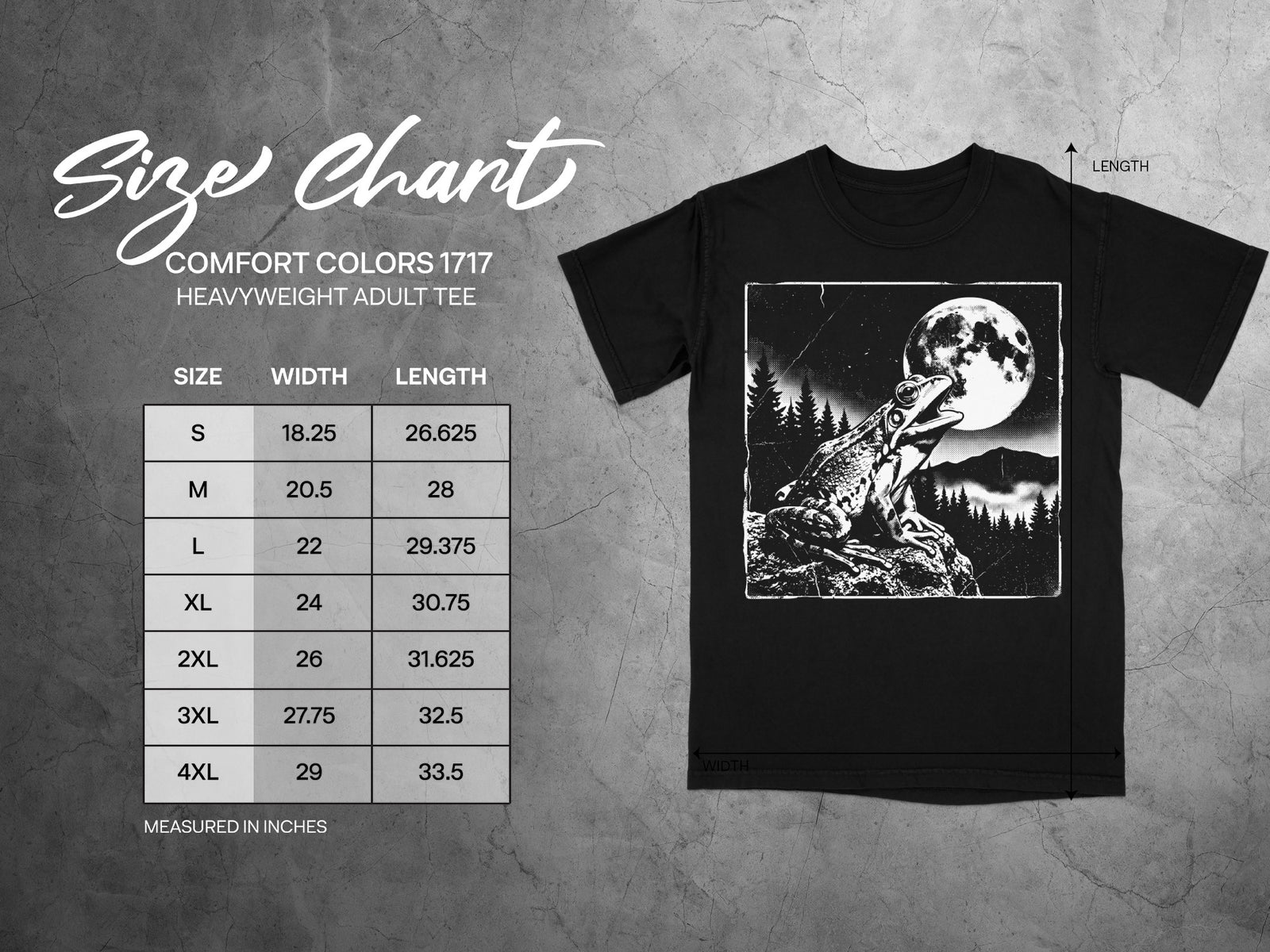 Comfort Colors 1717 heavyweight adult tee size chart in inches with frog graphic.