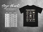 Comfort Colors 1717 adult tee size chart featuring pagan symbols with meanings.