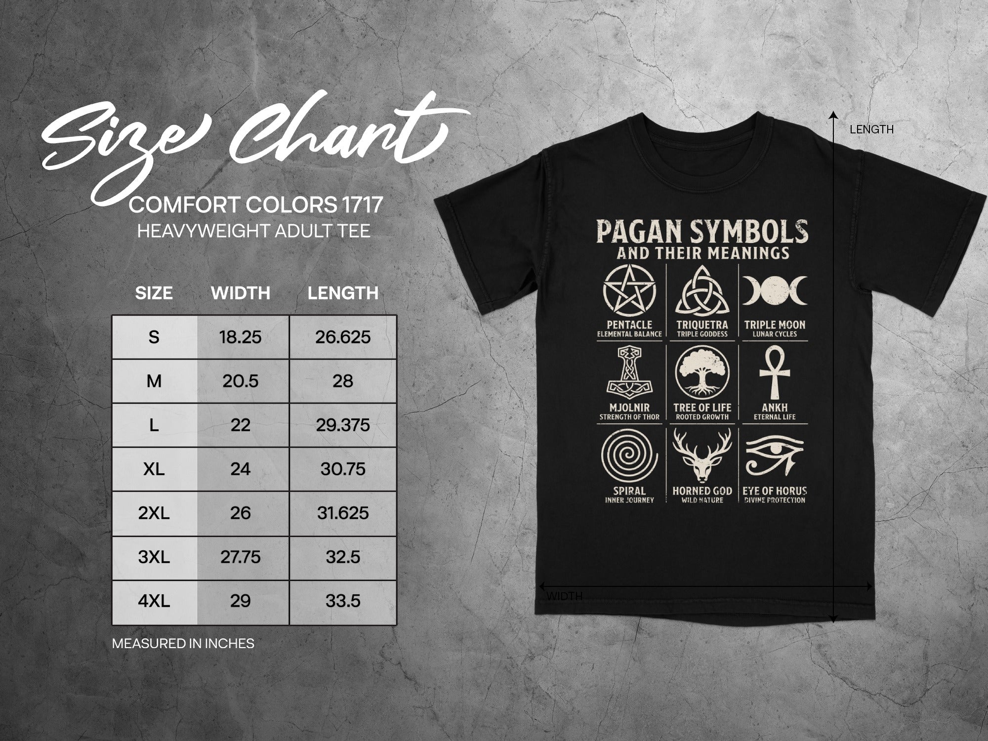 Comfort Colors 1717 adult tee size chart featuring pagan symbols with meanings.