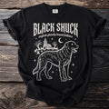 Black Shuck english ghostly hound folklore graphic on a black t-shirt with cemetery and moon.