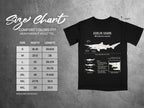 Goblin Shark t-shirt with size chart and detailed shark illustration.