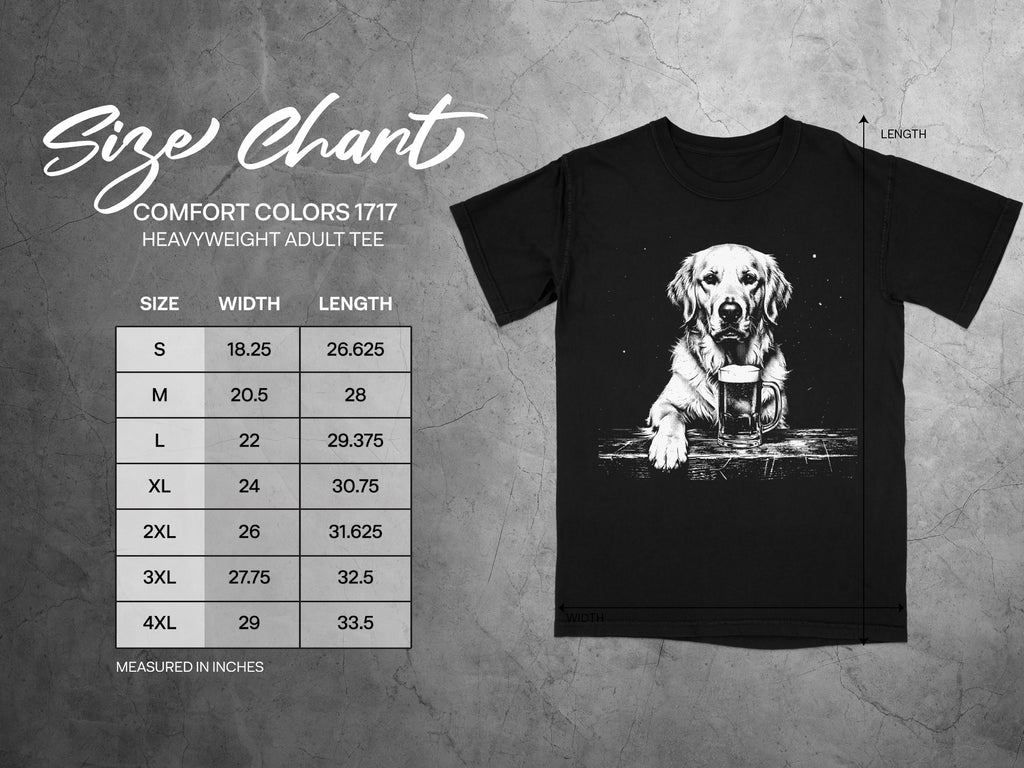 Comfort Colors 1717 garment size chart in inches.