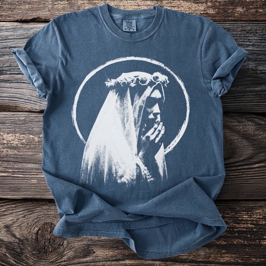 Comfort Colors t-shirt with a white circular graphic of a person in a veil and flower crown.