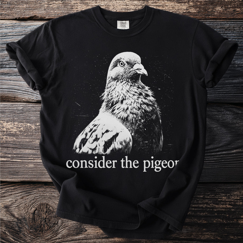 Black t-shirt with a pigeon illustration and text that reads "consider the pigeon".