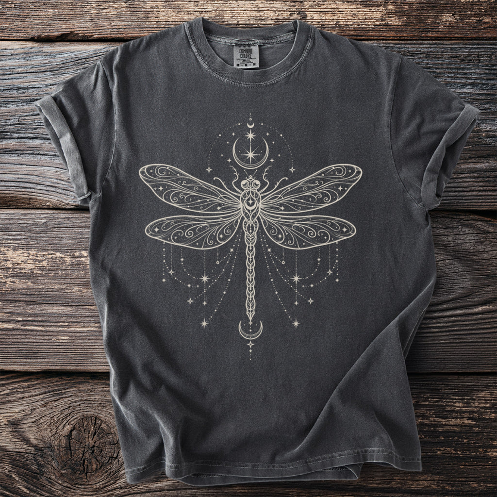 Dark grey Comfort Colors t-shirt with cream filigree dragonfly and celestial design.