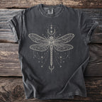 Dark grey Comfort Colors t-shirt with cream filigree dragonfly and celestial design.