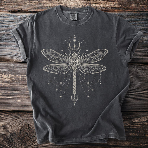 Dark grey Comfort Colors t-shirt with cream filigree dragonfly and celestial design.