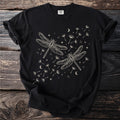 Black t-shirt with a minimalist outline graphic of two dragonflies and dandelion seeds.