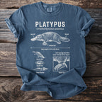 Blue t-shirt with Platypus anatomy diagram, including labels for duck bill, flat tail, and venom spur.