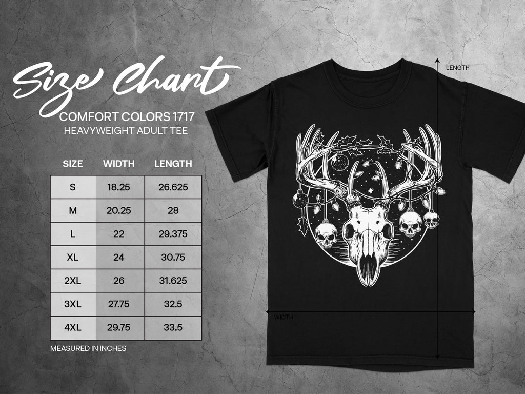 Comfort Colors 1717 heavyweight adult tee size chart with measurements in inches.