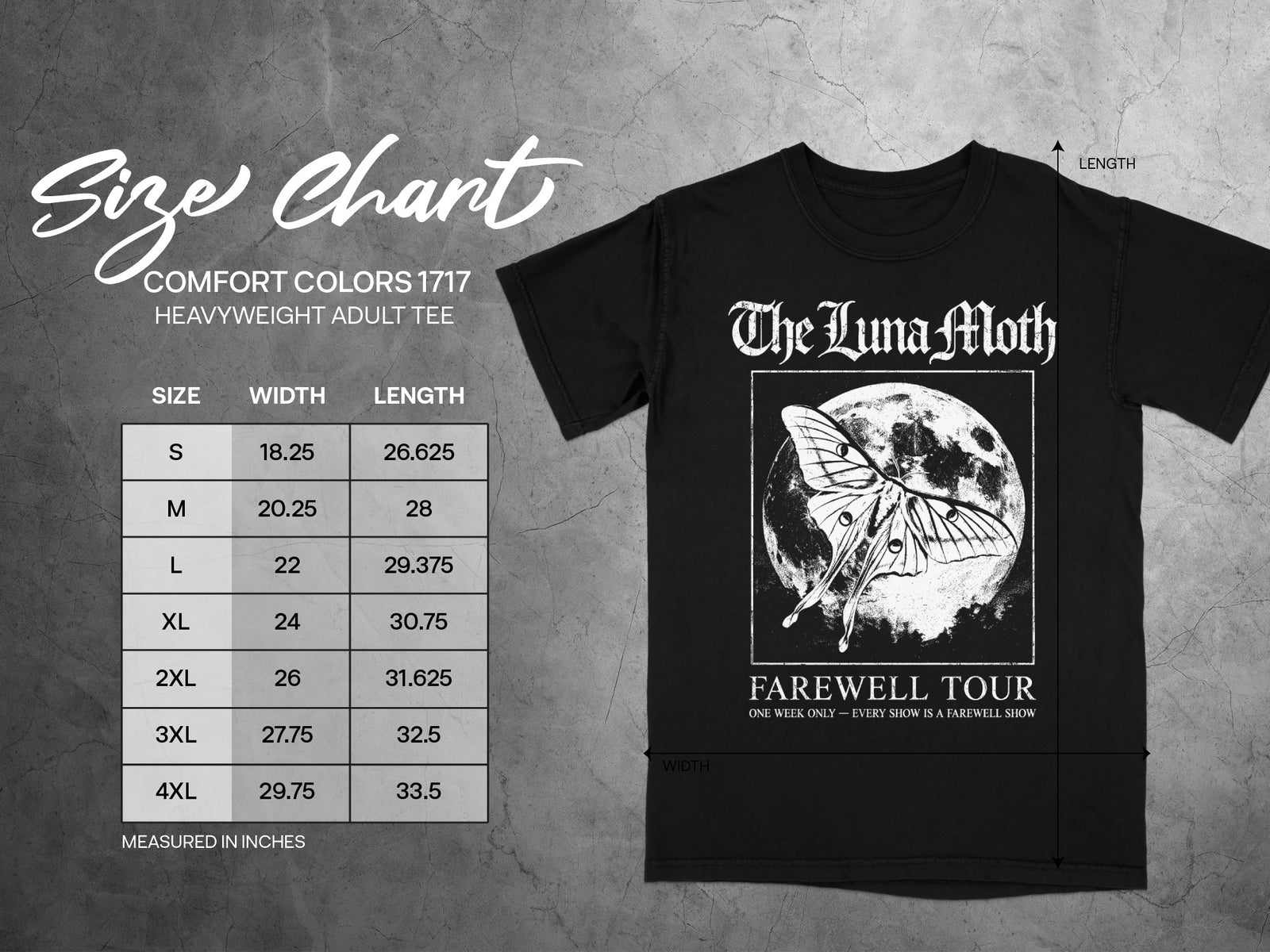 Black t-shirt with "The Luna Moth Farewell Tour" graphic, and a size chart.