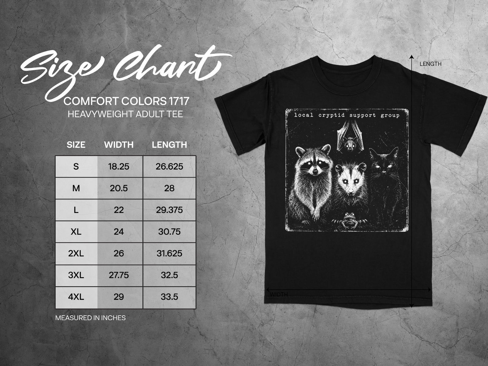 Comfort Colors 1717 heavyweight adult tee size chart with measurements.