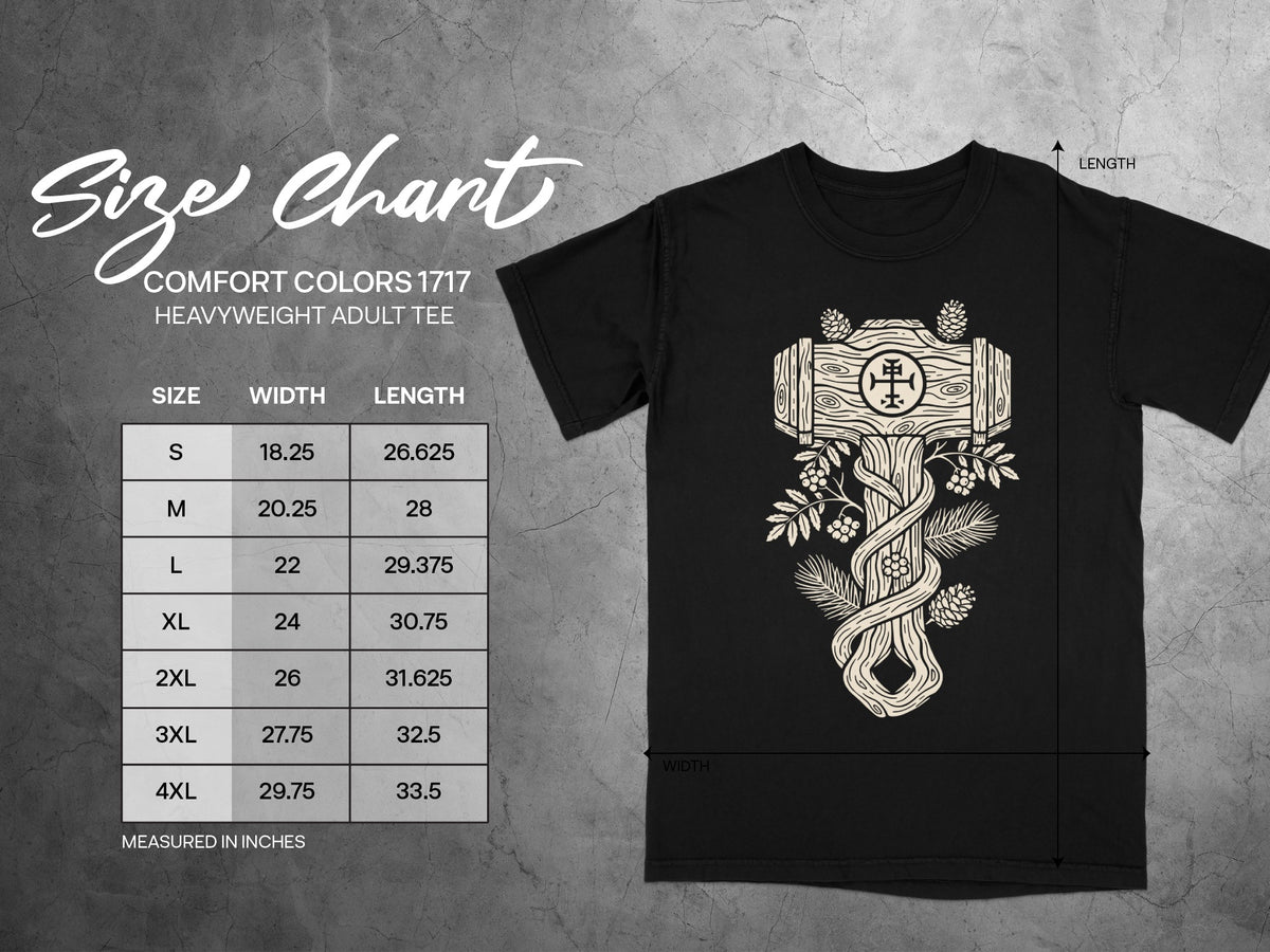 Comfort Colors 1717 heavyweight adult tee size chart with width and length measurements.