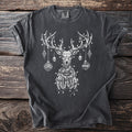 Dark grey t-shirt with white graphic of a skeletal reindeer wrapped in Christmas lights.