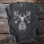 Dark grey t-shirt with white graphic of a skeletal reindeer wrapped in Christmas lights.