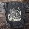 Pepper gray t-shirt with a cream folk-cut print: the enormous Yule Cat lies in the snow beside a small campfire, staring straight ahead.