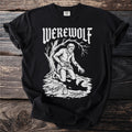 Black t-shirt with white graphic of a man transforming into a werewolf.
