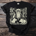 Black t-shirt with a cream linocut style print of a man with antlers and wolves.