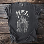 Charcoal t-shirt with "Hel norse mythology underworld goddess" text and graphic.