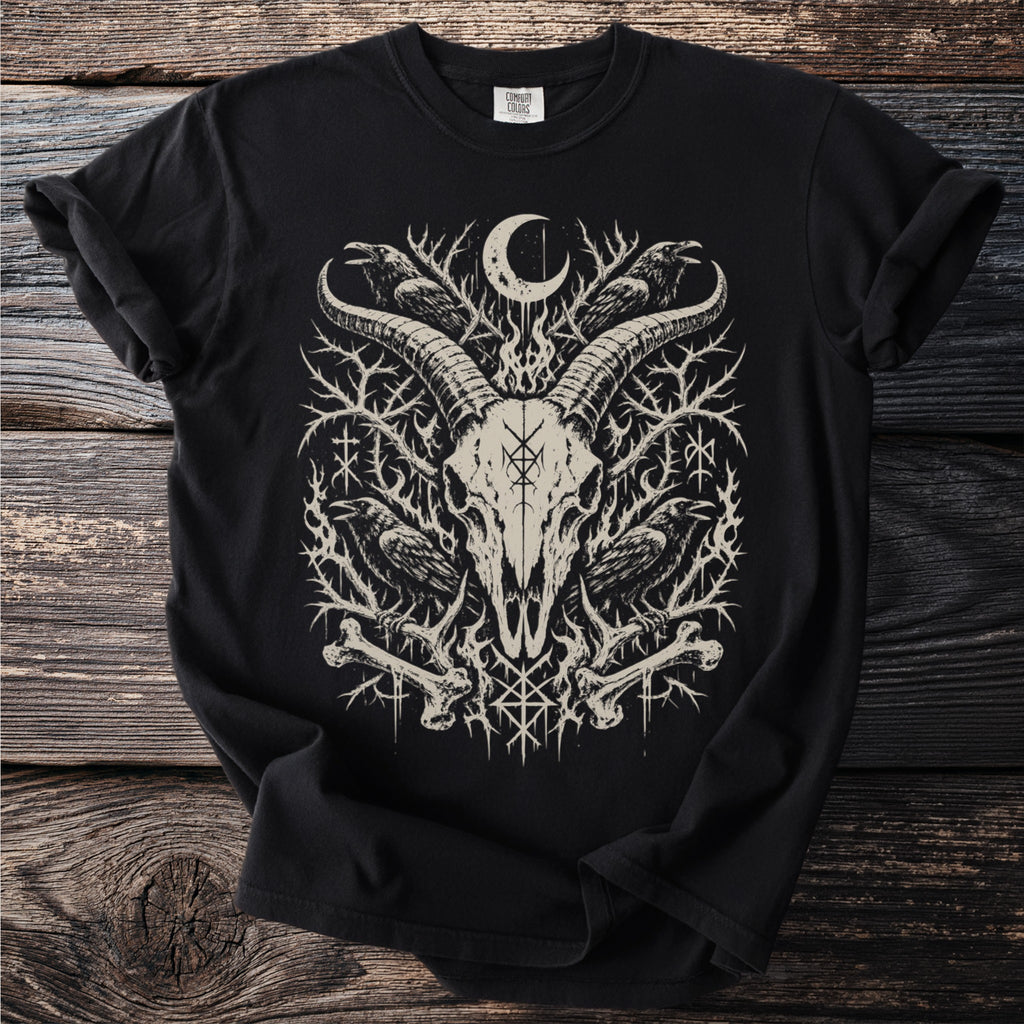 Black t-shirt with goat skull, ravens, bones, crescent moon, and occult symbols.