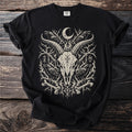 Black t-shirt with goat skull, ravens, bones, crescent moon, and occult symbols.